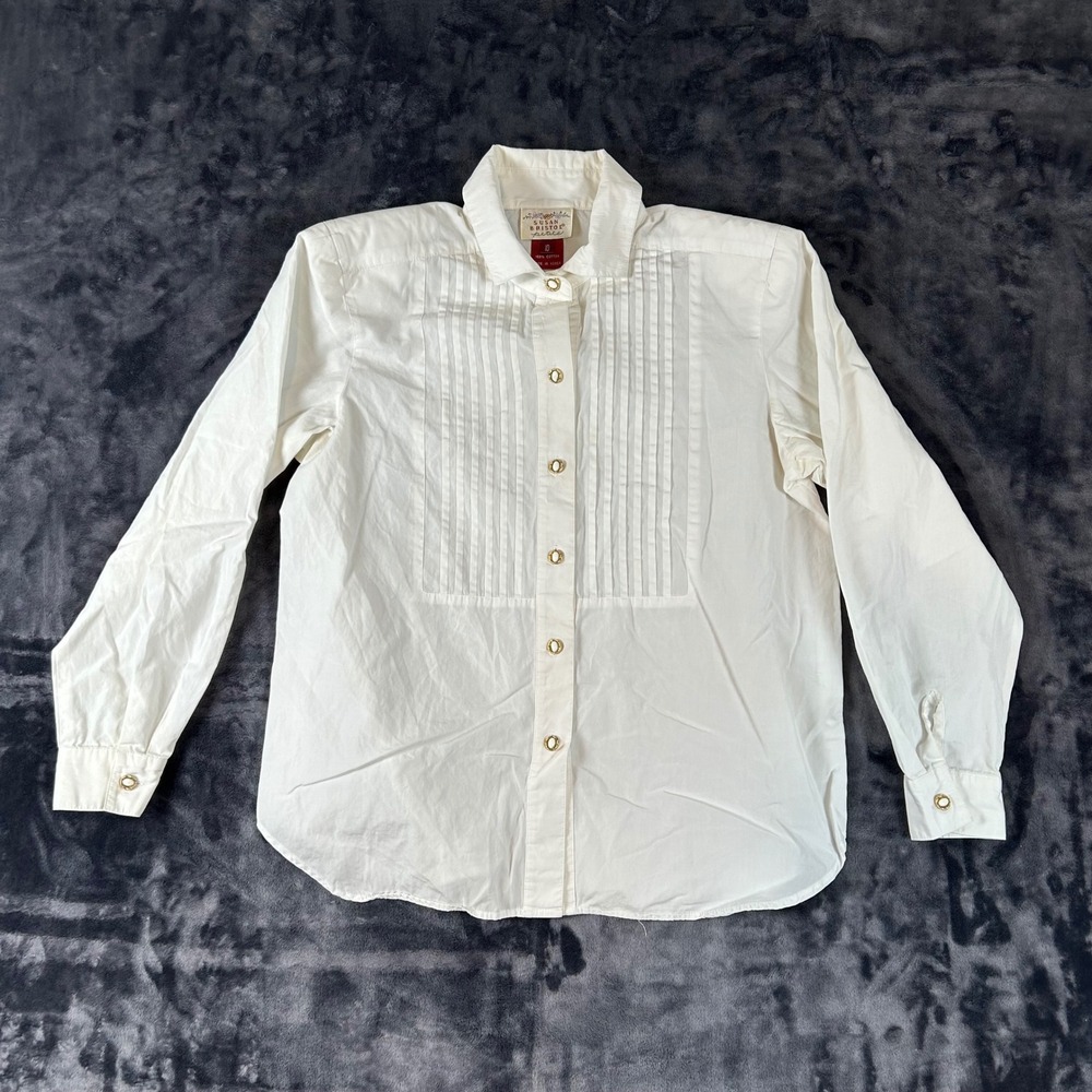 Susan Bristol Button Down Shirt Womens 10P White Pleated Tuxedo Bib Gold Buttons